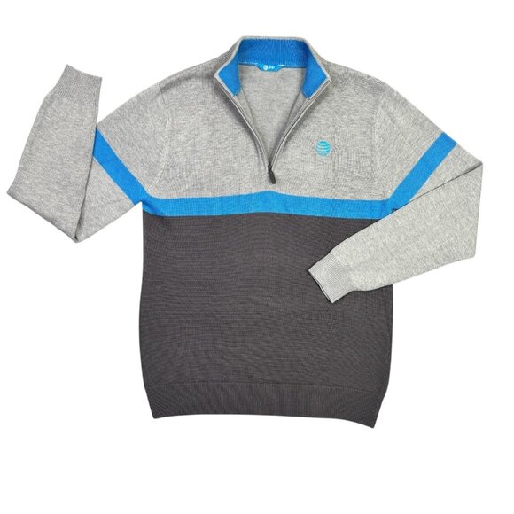 AT&T Sweater 1/4 Quarter Zip Mens Large L Gray Blue Mock Neck Shirt Crest Logo - Picture 1 of 11